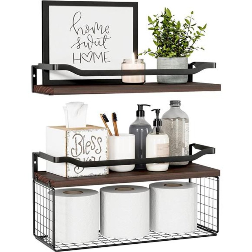 Floating Shelves with Wire Storage Basket Bathroom Shelves Over Toilet